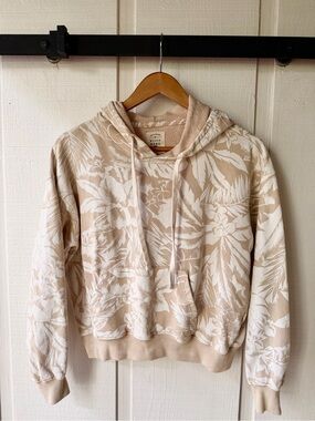 Billabong Cropped Hoodie Sweatshirt Tropical Print White and Beige